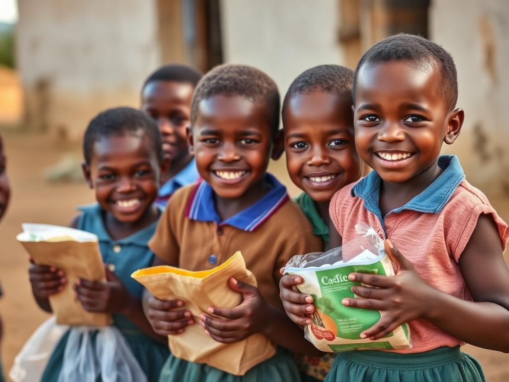 Children smiling while holding food parcels and school supplies