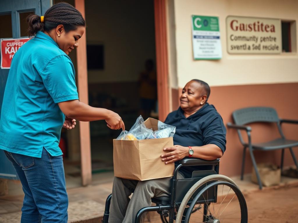 A volunteer handing a grocery parcel to a person in a wheelchair outside a community centre