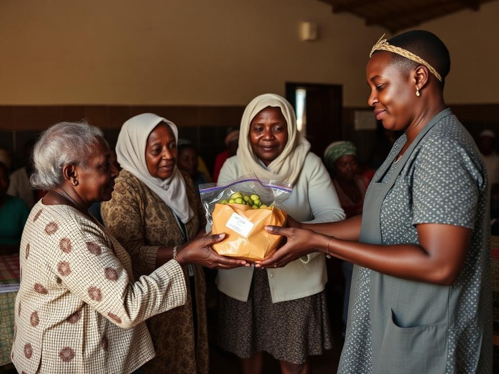 Volunteers handing a food parcel to an elderly woman at a community hall